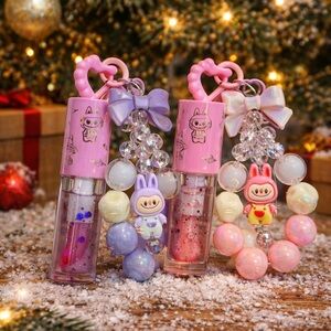 Labubu Lip Gloss Keychain Set with Beaded Charms – Cute Bunny Charm | 2 Pieces